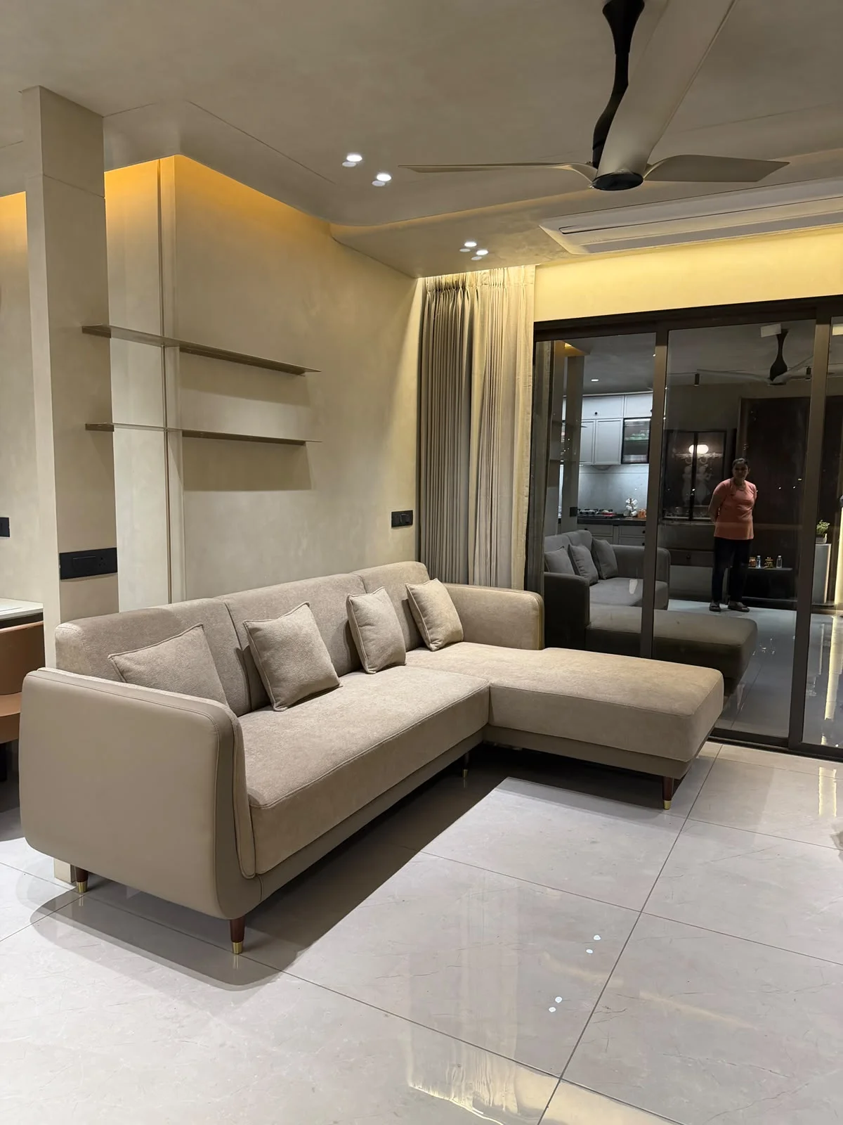 Custom Sofa in Adajan, Surat – Dual-Colour Fabric with Smooth Curved Design